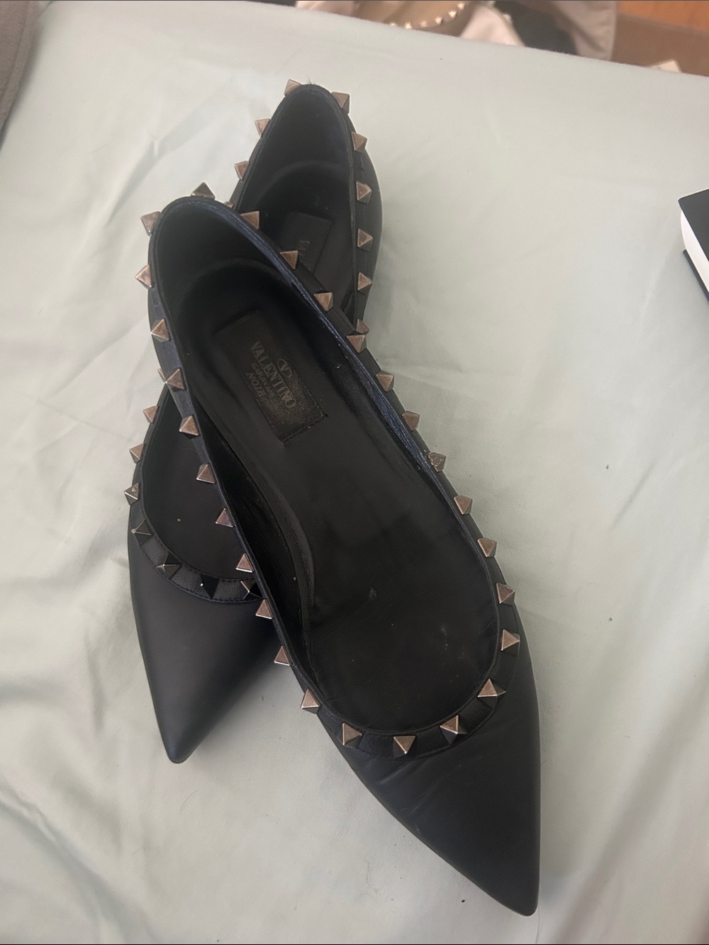 Valentino Black Leather Rockstud Pointed Flats